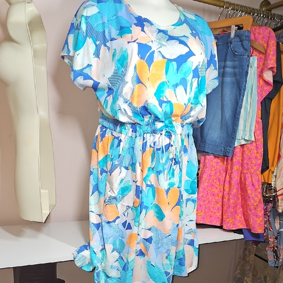 CJ BANKS SIZE 2X Floral Blue and Orange Dress NEW - Picture 1 of 9